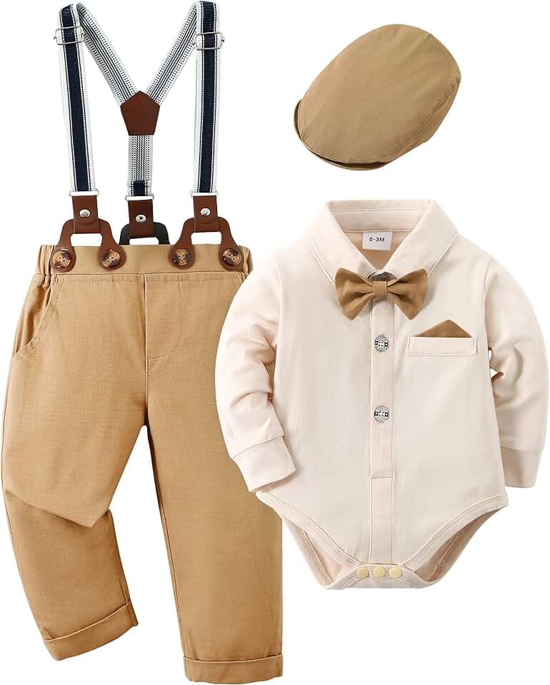 Baby Jungen Gentleman Anzug, 0-18 Monate 4tlg Kinder Hochzeit Festlich Taufe Strampler mit Bowtie Hemden + Hosenträger Overalls