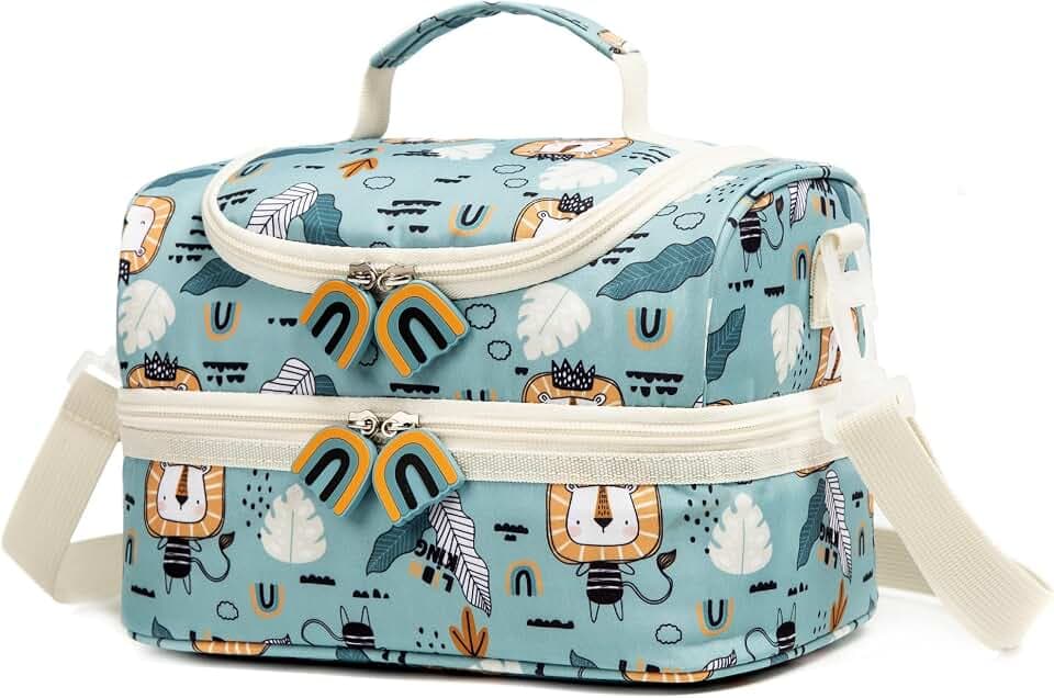 Insulated Kids Double Decker Lunch Bags Tote for Girls Boys Toddler Kindergarten School Picnic Camp Food Cooler Lunch Boxes Thermal with Strap (Lion)
