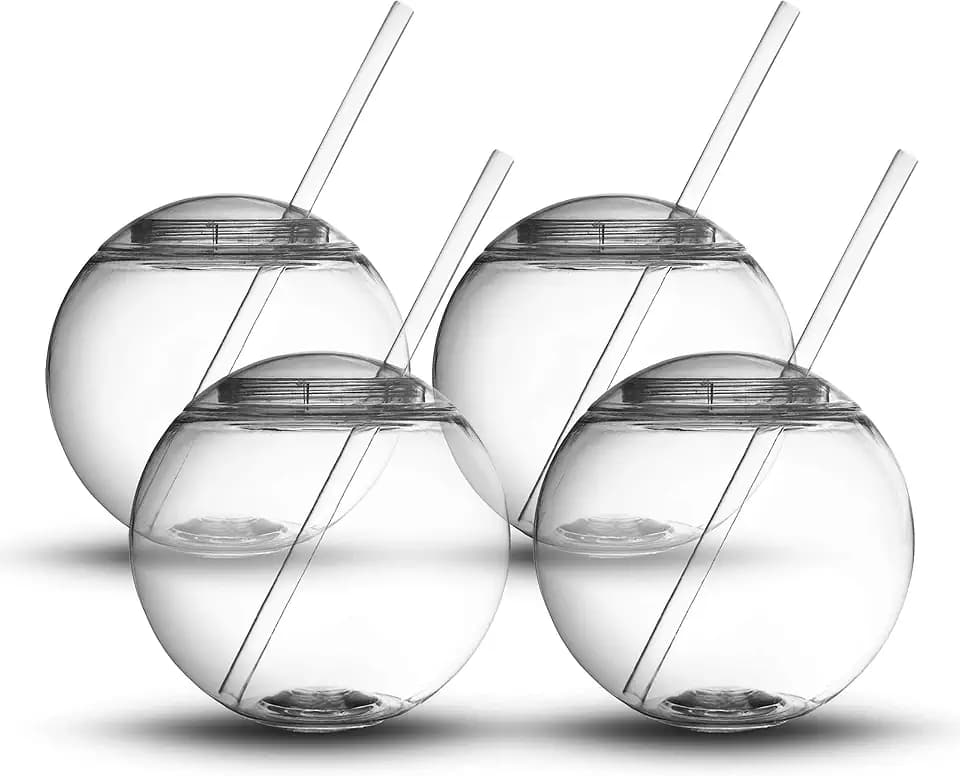 Fish Bowl for Drinks - Sphere Shaped Durable Drinking Party Cups with Cover, 4-Pack (22 oz) - Fun, Unique Design Sits Flat, 4 Straws Included - Great for Dinner and Cocktail Parties and Outdoor Use