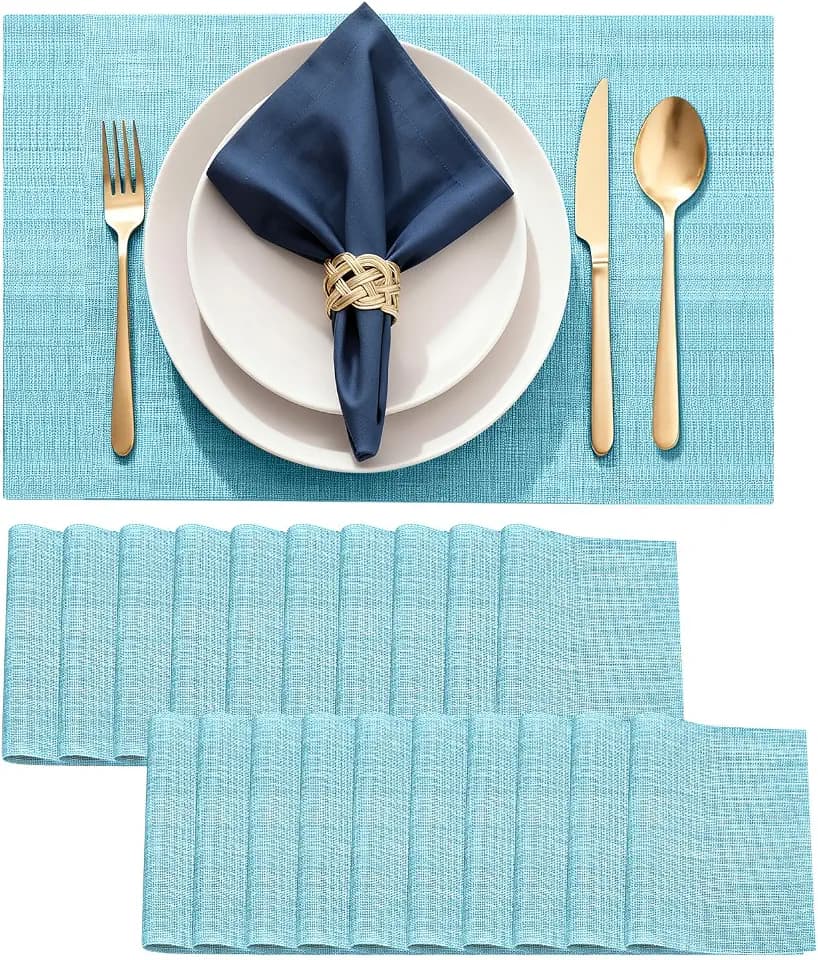 Durable Vinyl Placemats Set of 20, Non-Slip for Dining Table Mat, Heat Resistant Place Mats, Washable Anti-Slip PVC Easy to Clean Wipeable Premium Plastic Mats for Kitchen Blue