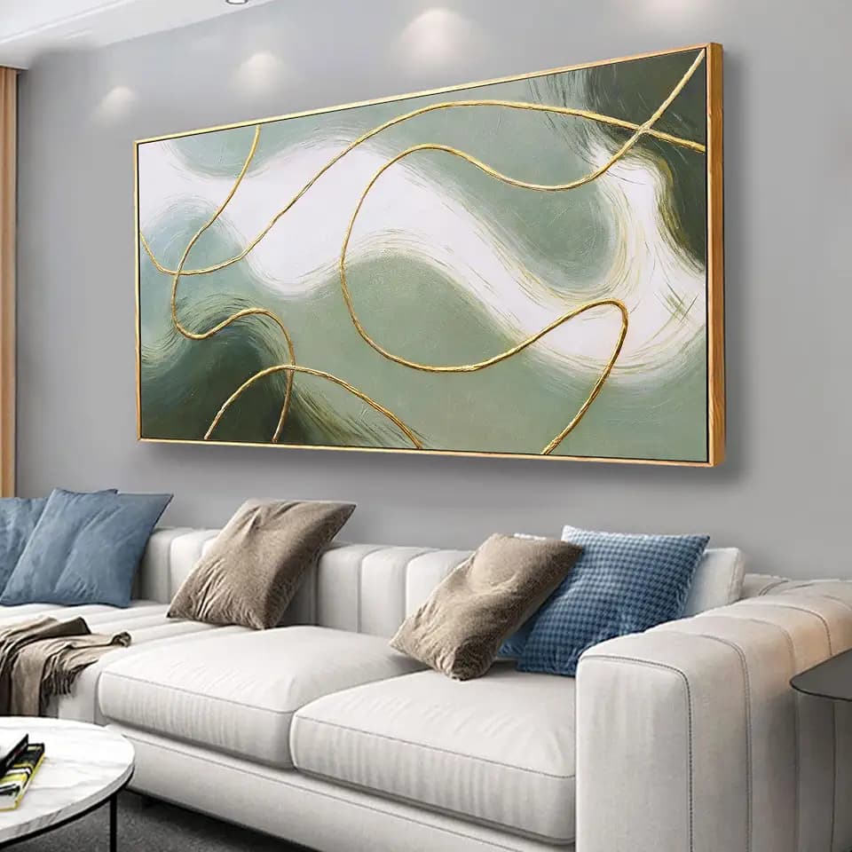 Abstract Wall Art Minimalism Green White and Gold Lines Boho Canvas Wall Decor Framed Artwork Modern Home Wall Decor for Living Room Bedroom Office 20"x40"
