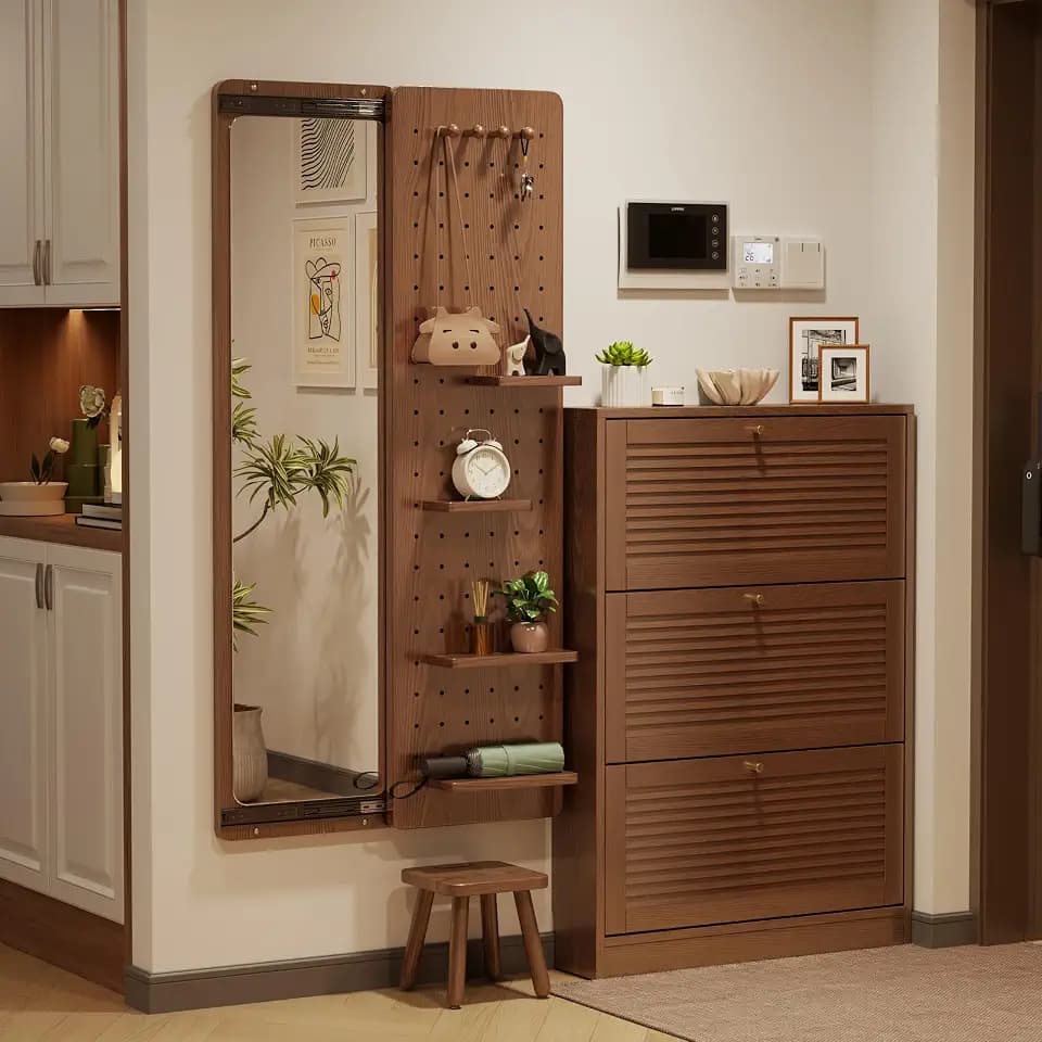 KungFuWood Full Length Mirror with Shelf and Hooks,Entry Way Mirrors for Wall,Wall Mirror with Shelf,Wall Mirror with Storage Multifunctional Design Panel,Living Room (Walnut, 52.4" L x 19" W)