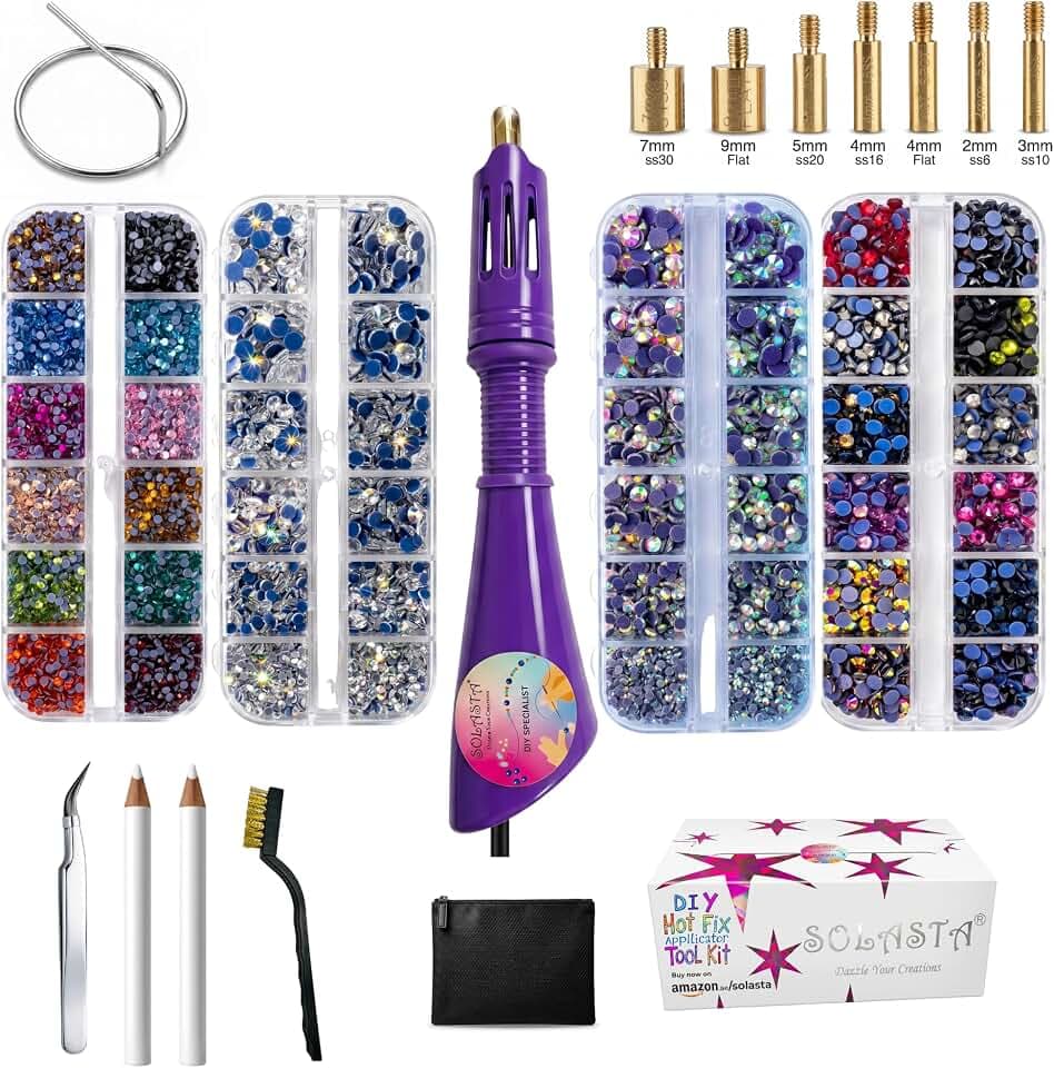 Hotfix Applicator Tool, Bedazzler Kit, 22,000 Glass Rhinestones-Gem Setter Wand & 7 Brass Tips,Hot Fix Rhinestone Applicator for Clothes, Fabric, Denim, Shoes & DIY Crafts
