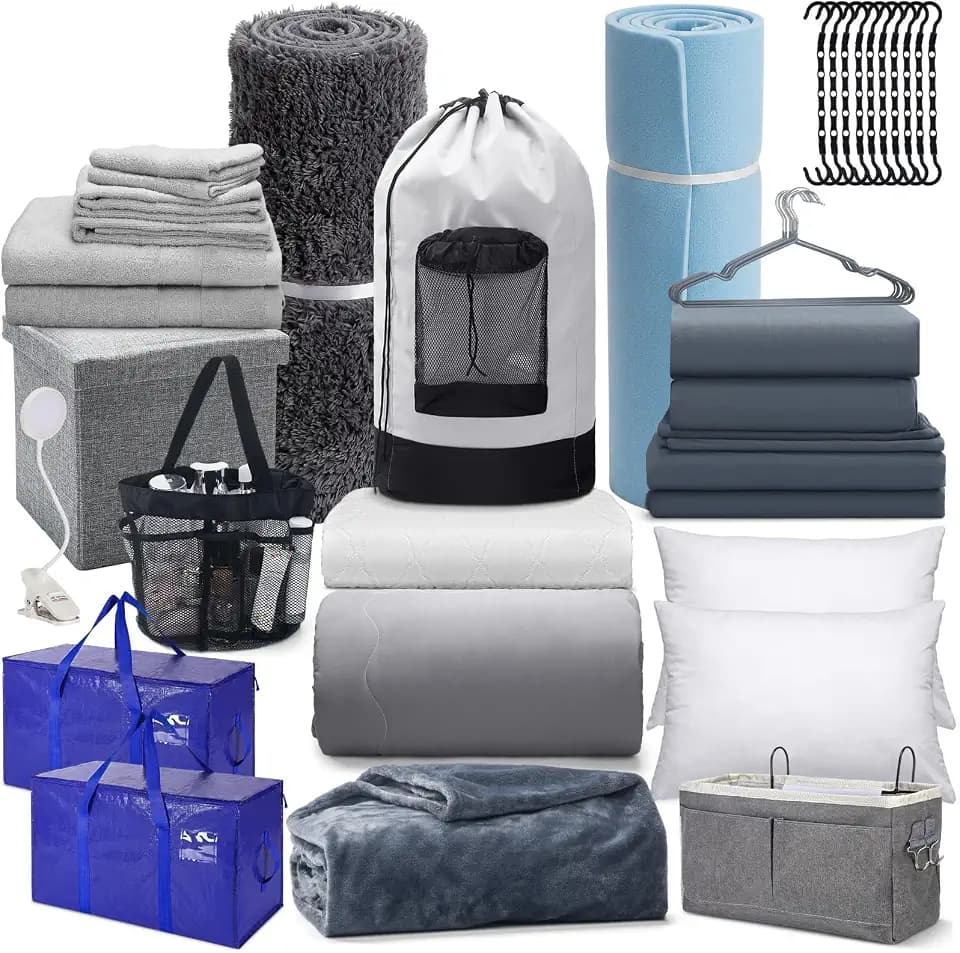 46 Pcs Gray College Dorm Essentials for Guy Complete Dorm Room Set