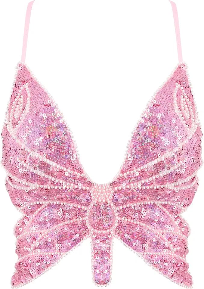 Womens Glitter Sequin Butterfly Crop Top Low-Cut Tank Top Rave Tube Vest Top for Belly Dance Costume Outfits