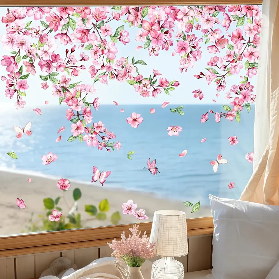 Supzone Cherry Blossom Window Clings Pink Spring Flower Branch Window Decal