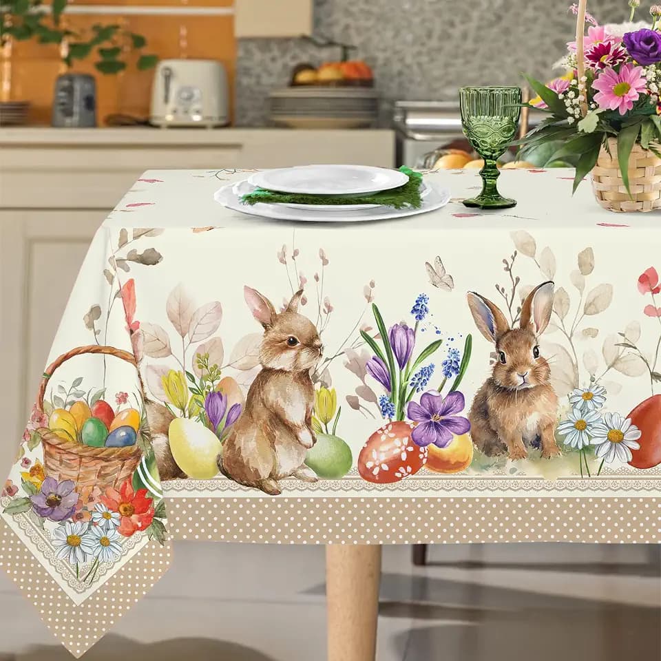 Yighty Rectangular Easter Tablecloth 60x120Inch, Spring Floral and Bunny Easter Egg Watercolor Tablecloth, Waterproof Wrinkle Resistant Tablecloth, Holiday Kitchen Dining Spring Easter Decor