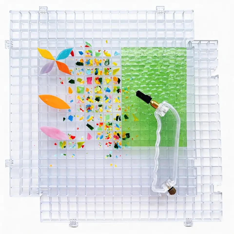 Stained Glass Cutting Mat, Solid Bottom Plastic Grid, 12"x12", Includes Rubber Pads, Breaker Ball, Non-Slip Grip Rings, Ideal for Stained Glass Artists, Hobbyists (Clear-2 Pack)