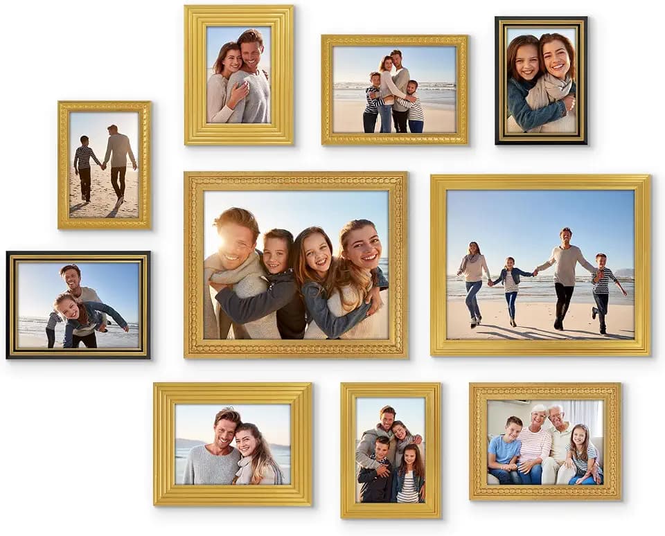Americanflat Set of 10 Vintage Gold Frames with Polished Clear Glass - Gallery Wall Frame Set with Two 8x10, Four 5x7, and Four 4x6 Antique Frames for Tabletop or Wall Display