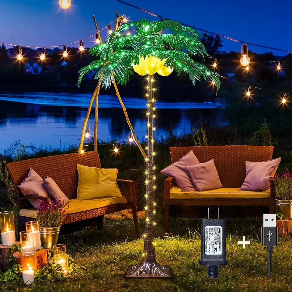 Lighted Palm Tree 5FT 208 LED Artificial Palm Tree Decor with Lighted Coconuts for Outdoor Light up Fake Tree with USB & Adapter for Indoor Outside Patio Christmas Hawaiian Tiki Bar Decoration