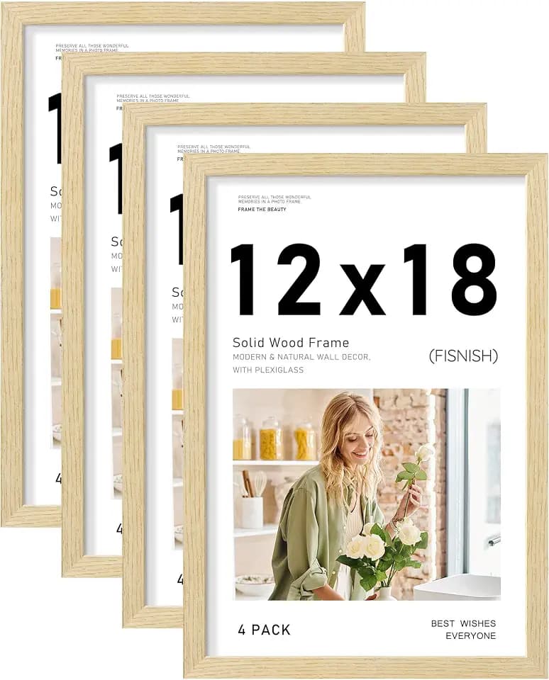 12x18 Picture Frame Set of 4, Natural Solid Wood Frames,Wall Mount