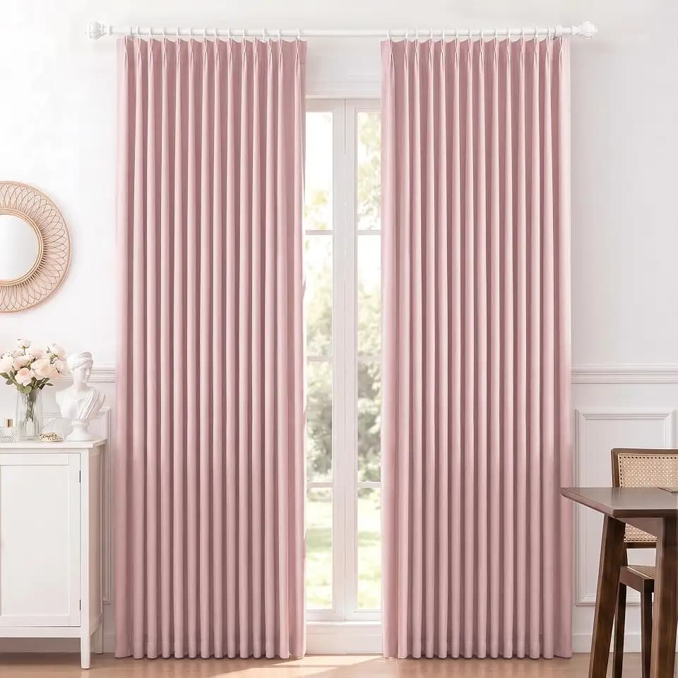 MYSKY HOME Pink Linen Pinch Pleated 100% Blackout Curtains 40Wx84L,2 Panels