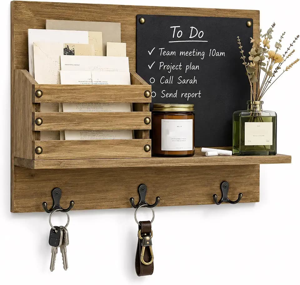 Key Holder for Wall, Mail Organizer Wall Mount, Chalkboard & 3 Double Hooks
