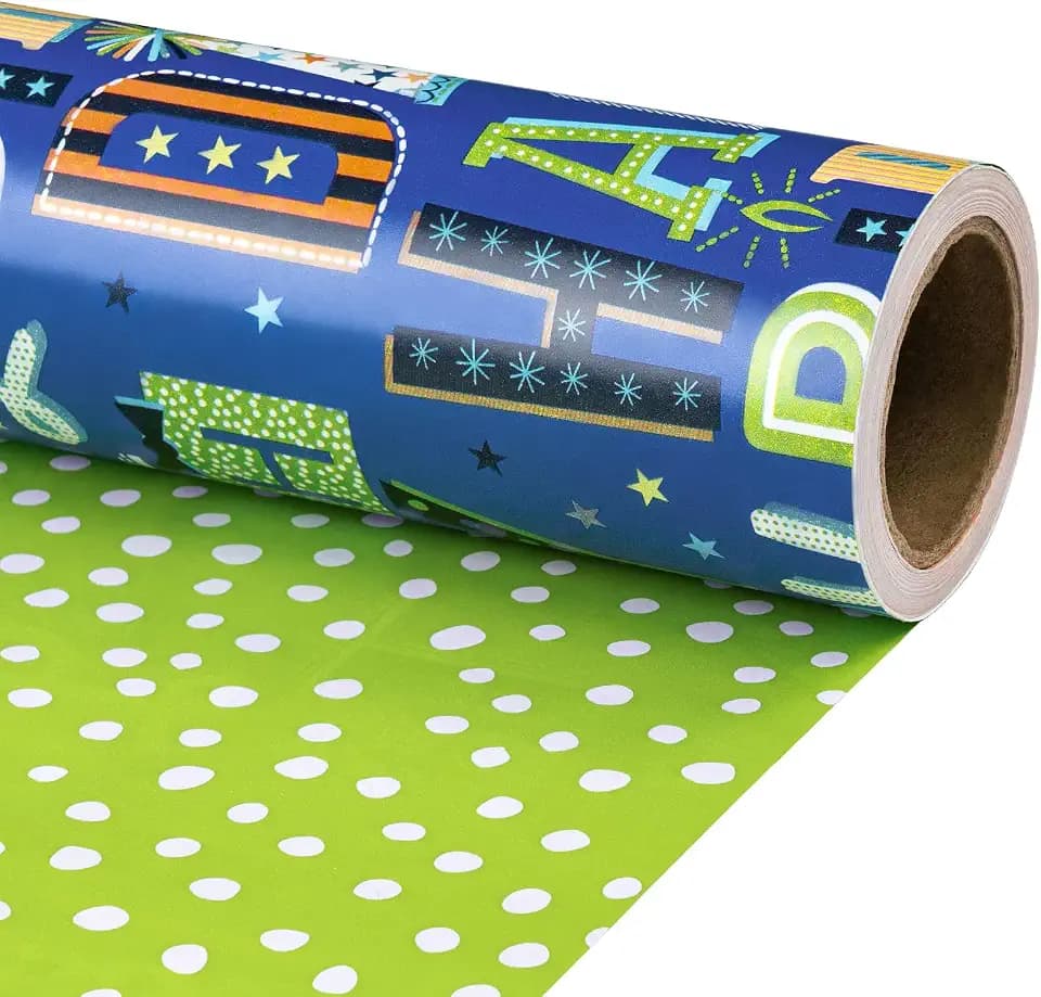 RUSPEPA 30" X 32.8' Reversible Boys Birthday Wrapping Paper Large Paper Roll, Jumbo Roll, Blue Happy Birthday Letters and Green Polka Dot Design Gift Wrap for Kids Boys, Party, Holiday