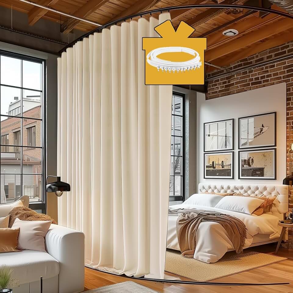 Room Divider Curtains with Ceiling Track, 95% Blackout Heavy Curtains Noise Reduction Privacy Curtain System Kits, 8.3 ft Wide x 7 ft Tall, Cream Beige, 1 Panel
