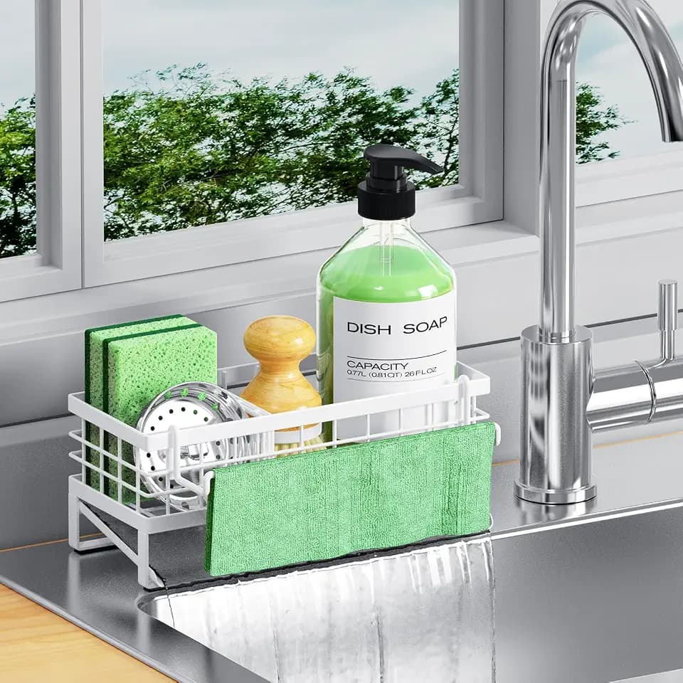 Kitchen Sink Caddy, Rustproof Self-Draining Sponge Holder, White