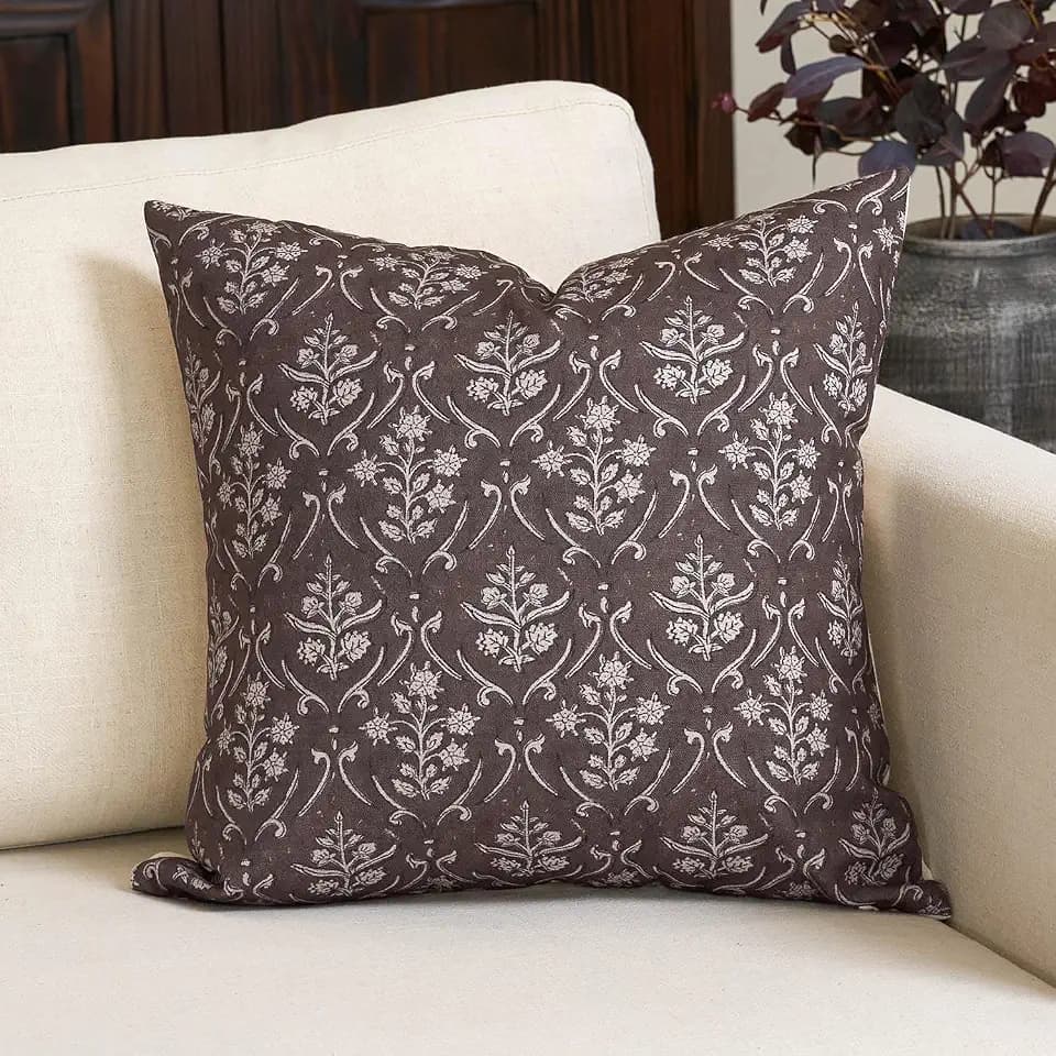 Amor Virisso Floral Pillow Covers 20x20 Inch Farmhouse Block Print Pillow Cover Accent Square Neutral Modern Decorative Throw Pillow Covers for Living Room Couch Bed Sofa Chair, Dark Brown