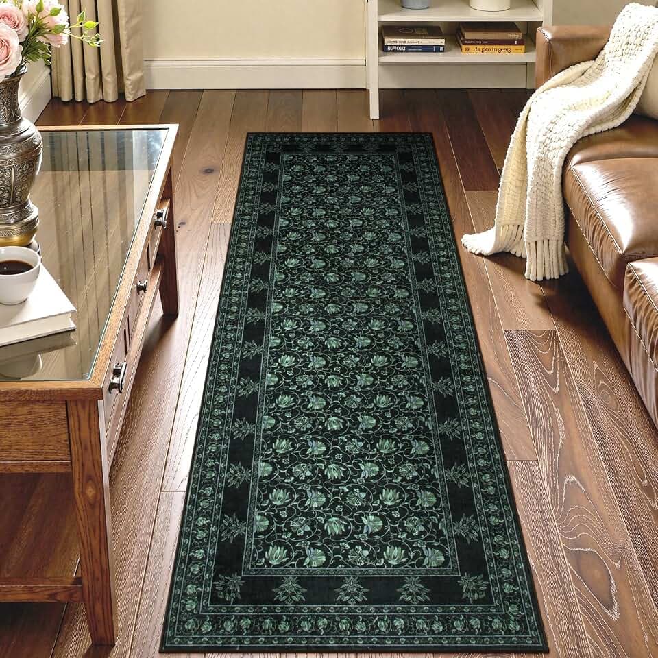 Lahome Black Kitchen Runner Rug 2x6, Low Plie Rug Runners for Hallways Non Slip, Vintage Floral Washable Runner for Entryway Laundry Room Bathroom (2'x6', Black/Green)