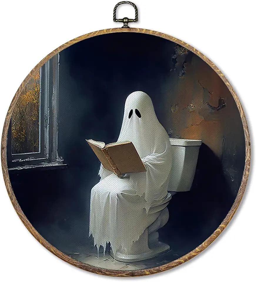 Sufamb Halloween Ghost Bathroom Round Wall Art Decor, Dark Academia Ghost Reading Canvas Artwork Framed, Gothic Halloween Wall Hanging Prints Decorations for Bathroom Washroom Decor, 10x10 Inches