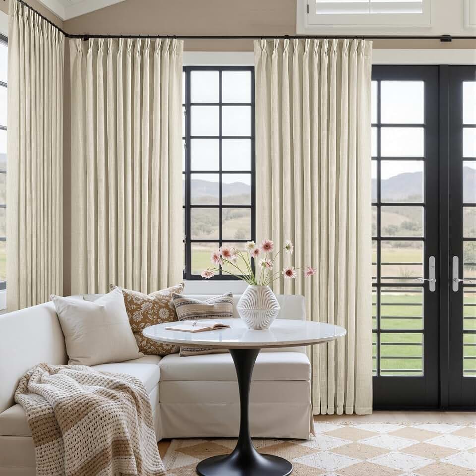 Pinch Pleated Extra Wide Beige Linen Curtain 90 Inches Long 70 Wide 1 Panel