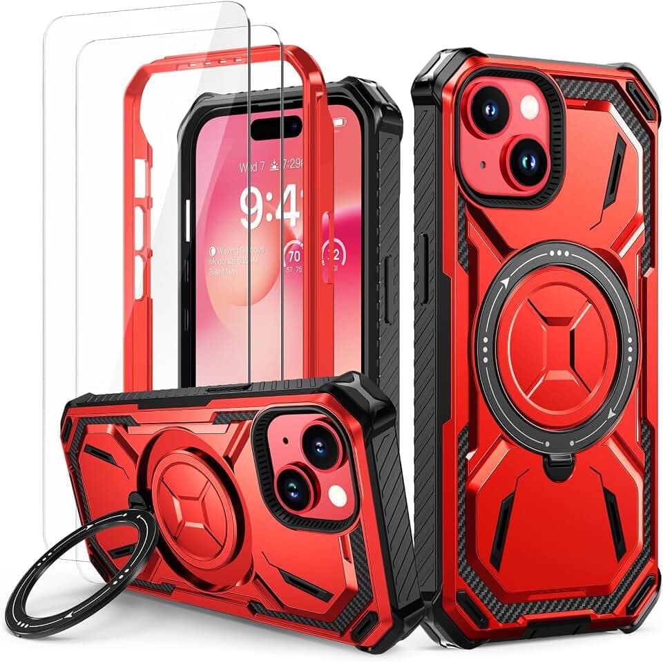 Lanhiem für iPhone 14 Plus Hülle, 360° Ring Ständer, Stoßfest Armor, Rot