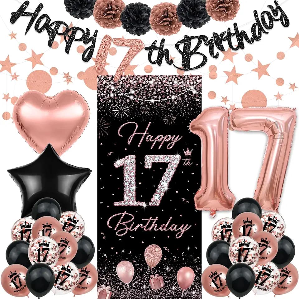 TSVATE Rose Gold 17th Birthday Decorations - Happy Birthday Banner, Backdrop, Balloons, Pompoms & Star Streamers