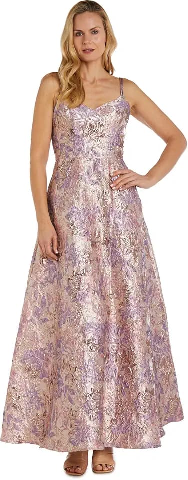 NIGHTWAY Women's Long Metallic Brocade Evening Gown W/Double Straps & Pockets