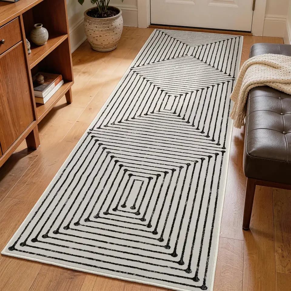 YIHOUSE Washable 2x8 Runner Rug for Hallway Non Slip, Black and White Rug Runners for Entyway Kitchen Non Skid Low Pile, Modern Geometric Carpet Runner for Bathroom Bedroom