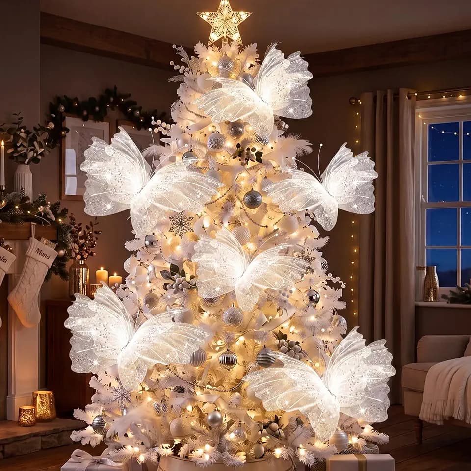 Geelin 6 Pcs 20" 12" Large Glitter White Butterfly Christmas Decoration