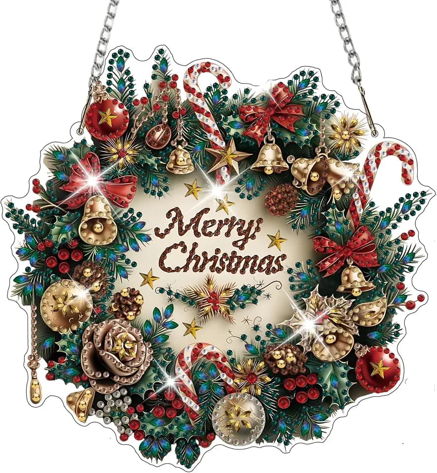 HEIBAGO Christmas Wreath Diamond Art Hanging Kits for Adults Kids, 5D Special Shaped Crystal Diamond Painting Kit, DIY Pattern Window Pendant Gem Art Kit for Home Wall Decor 8.3 x 8.3 Inch