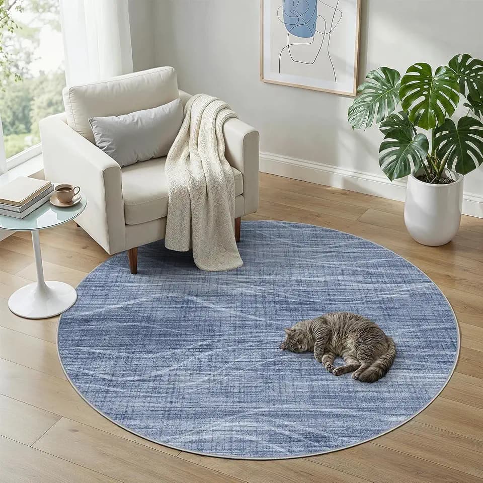 WITSHOCK 5ft Round Area Rugs for Living Room, Washable Circle Rug Blue