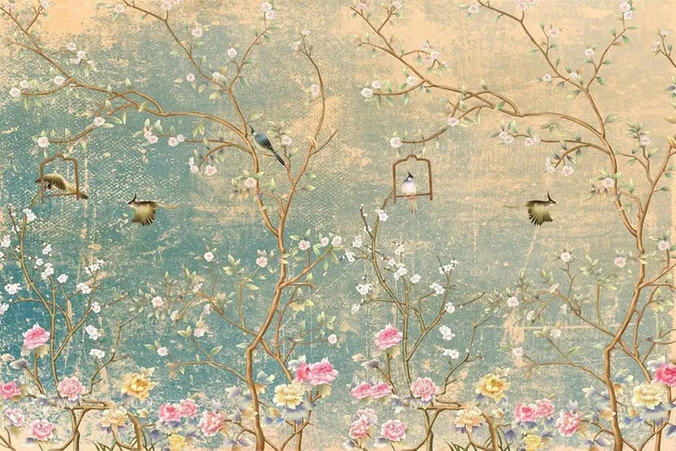ART.COM Wall Art Print 3D Wallpaper Design with Vintage Florals on Grunge Wall for Photomural, 36" x 24"