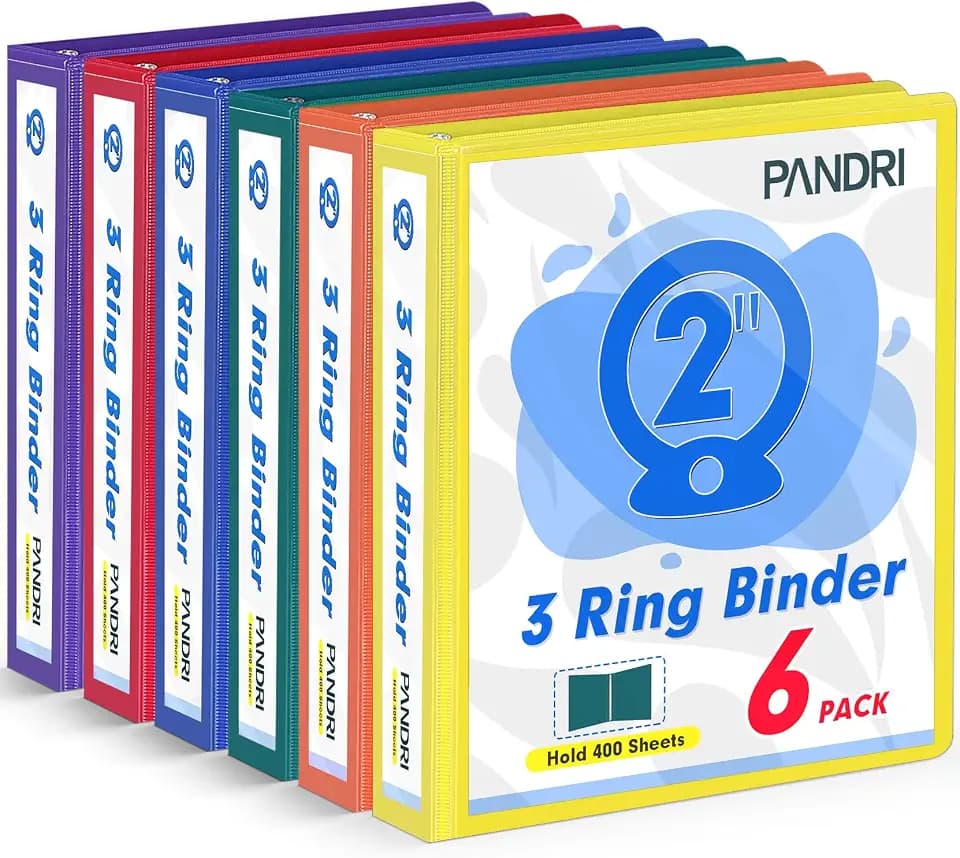 PANDRI 6 Pack 2-inch 3 Ring Binders with 2 Interior Pockets, 6 Colors