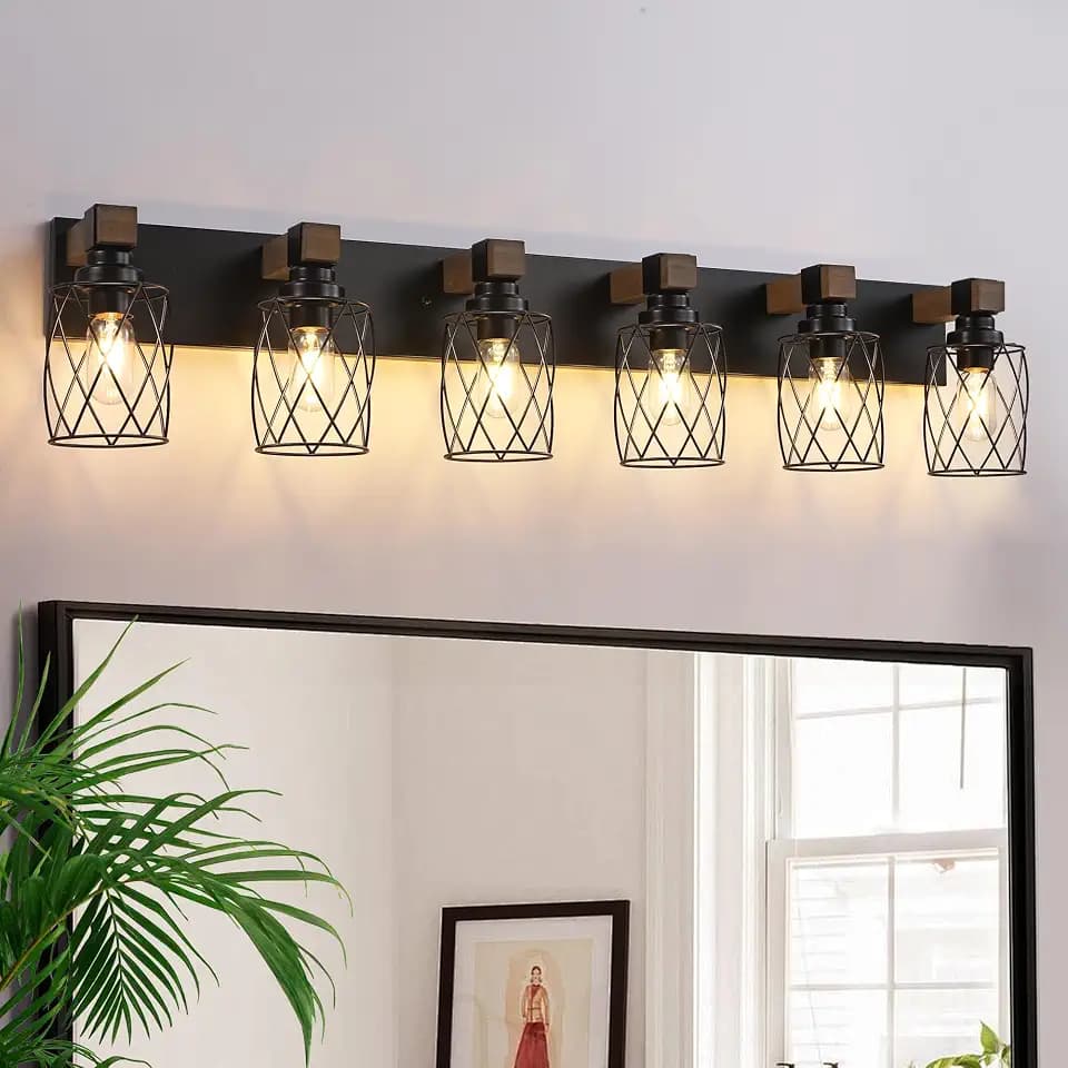 Farmhouse 6-Light Wood Bathroom Vanity Light, Black Metal Cage Shade