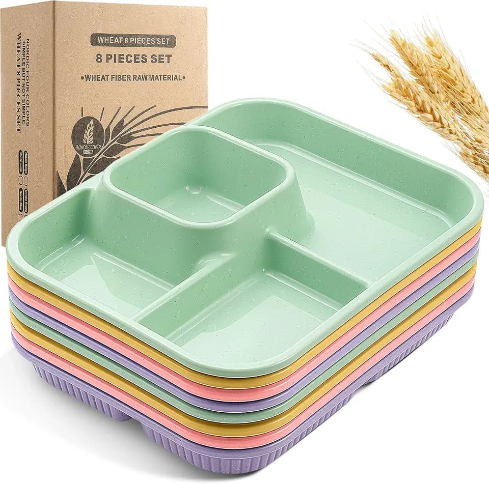 Pinkunn 8 Pcs 10" Divided Plates Wheat Straw, Green, Purple, Pink, Yellow