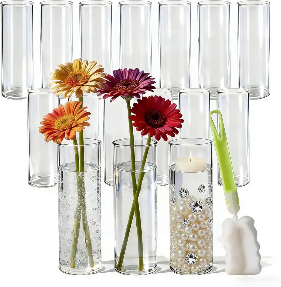 16Pcs Glass Cylinder Bud Vases for Centerpieces, 7.7 Inch Tall Clear Flower Vases in Bulk, Floating Candle Holder for Wedding, Party, Home Decor, Birthday, Decoration, Anniversary, Baby Shower