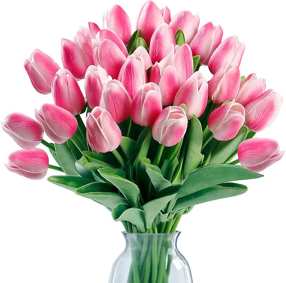 Sggvecsy 30 Pcs Fake Tulips Artificial Flowers Real Touch PU Faux Flowers Tulip Stems for Wedding Spring Bouquet Floral Arrangement Home Party Office Decorations for Mother's Day (Rose Pink)