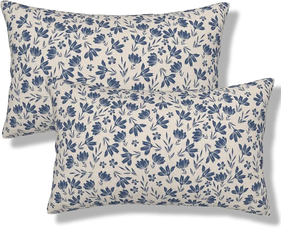 Blue Floral Lumbar Throw Pillow Covers Vintage Rustic Flowers Pillow Cases 12x20 Inch Set of 2 Cute Small Flower Cushion Cover Decorative Pillowcase for Living Room Sofa Couch Bed