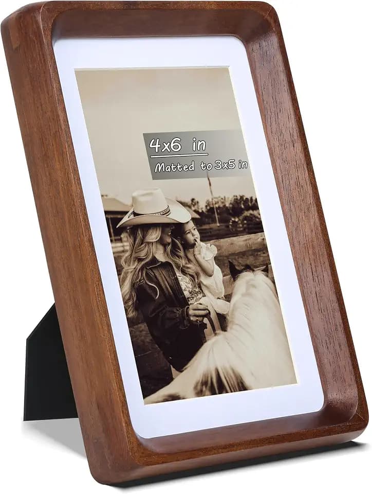 4x6 Picture Frame with Mat for 3x5, USA-Sourced Natural Walnut Wood Handcrafted Rounded Corner with Real Glass, Vertical or Horizontal Display Photo Gallery Wall & Tabletop Frame