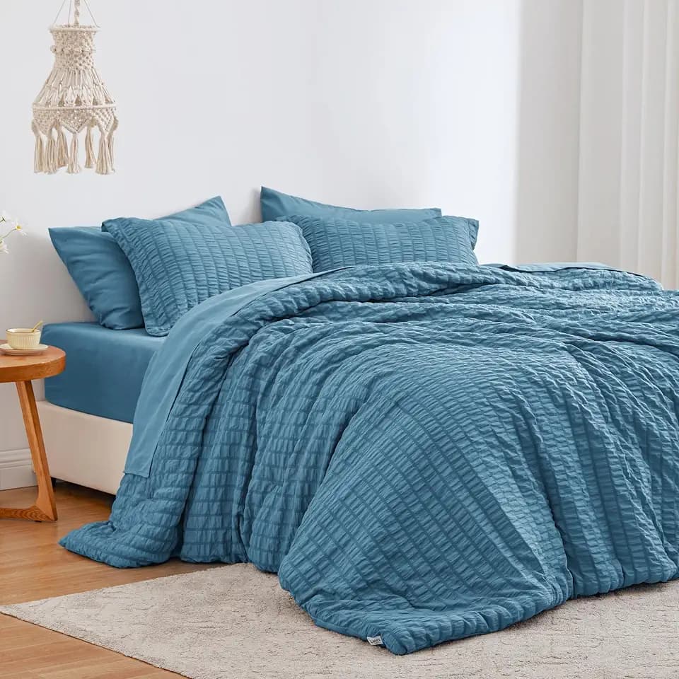 Love's cabin Seersucker Misty Blue Twin Comforter Set