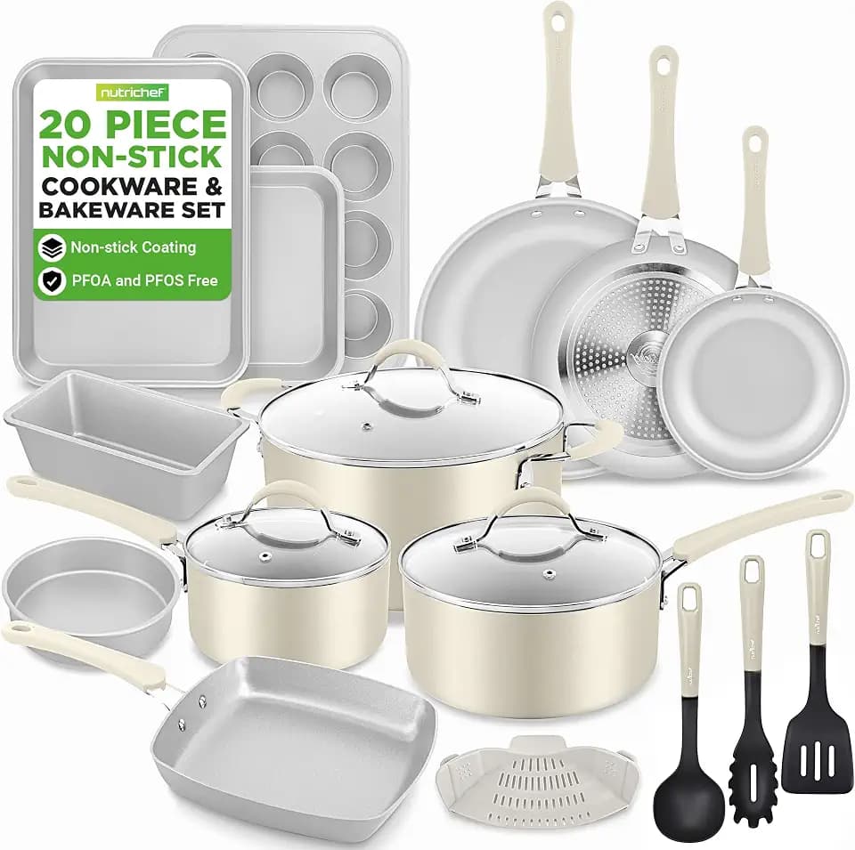 NutriChef 20 Pc Cookware Set Non Stick with Baking Pans, Pots and Pans