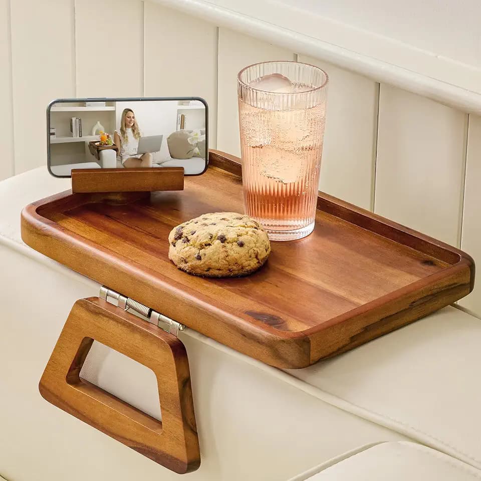 TINAMO Large Acacia Sofa Arm Tray with Phone Holder, Clip-On Couch Table