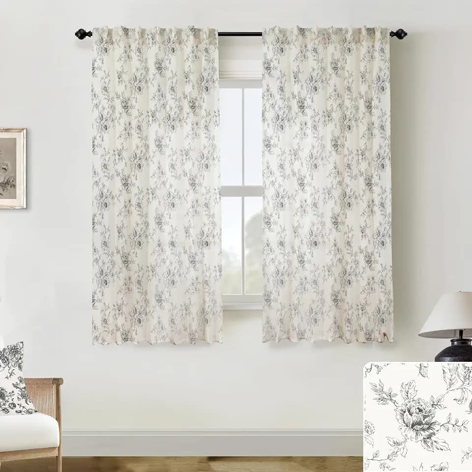 Floral Linen Curtains 63 Inch Length Farmhouse Pattern Semi Sheer Light Filtering Drapes for Living Room Rod Pocket