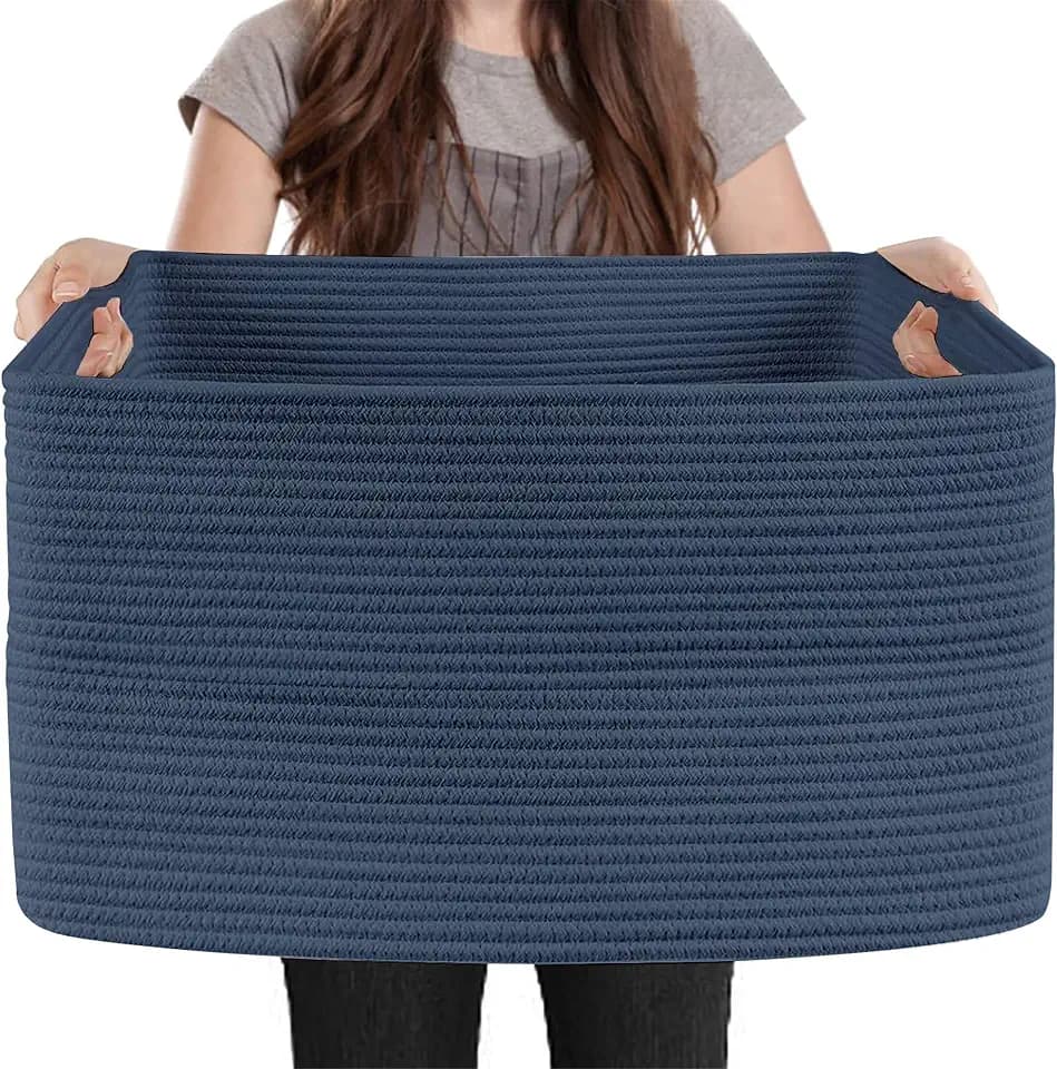 MEGASKET Extra Large Rectangle Storage Basket, 23.6" x 17" x 12" Dark Blue Blanket Storage for Living Room, Large Woven Cotton Rope Storage Box, Soft Kids Toy Basket Organizer Bin, Big Wicker Basket