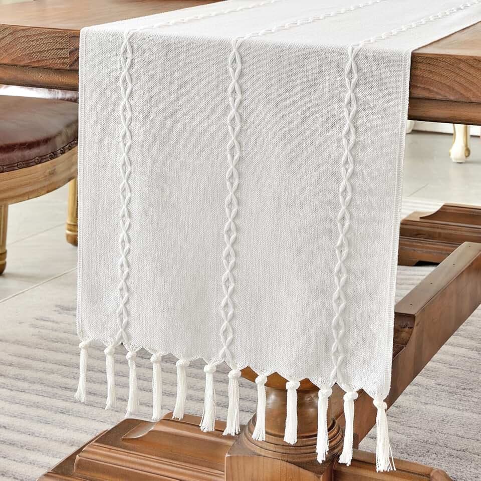 Wracra Rustic Linen Table Runner, White Table Runners 108 inches Long