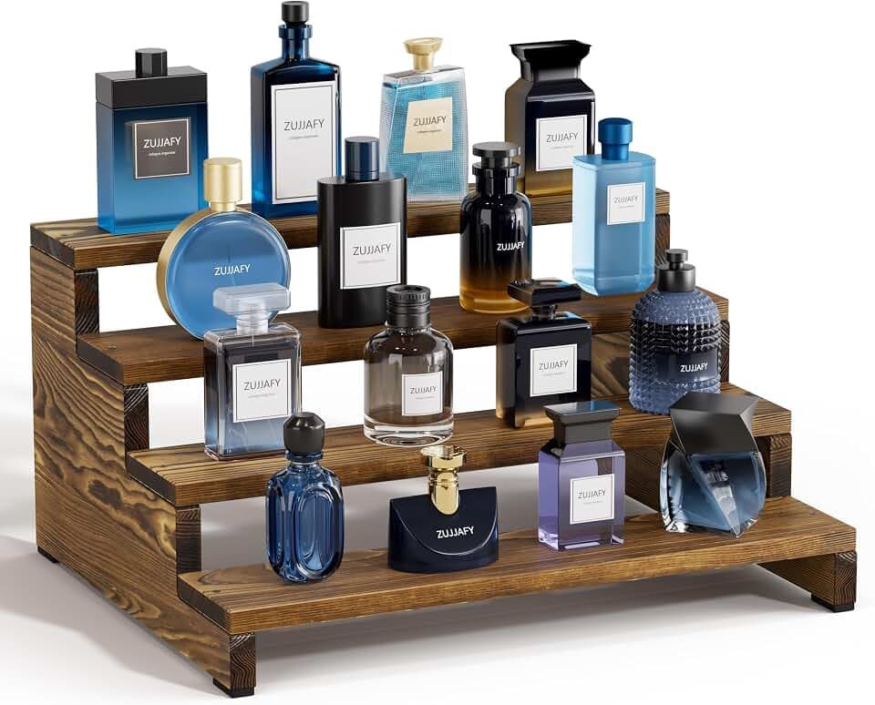 ZUJJAFY Cologne Organizer for Men, 4 Tier Wooden Cologne Stand Mens Fragrance Shelf, Tiered Wood Risers Display Stands for Perfume, Cupcake, Figures, Dessert
