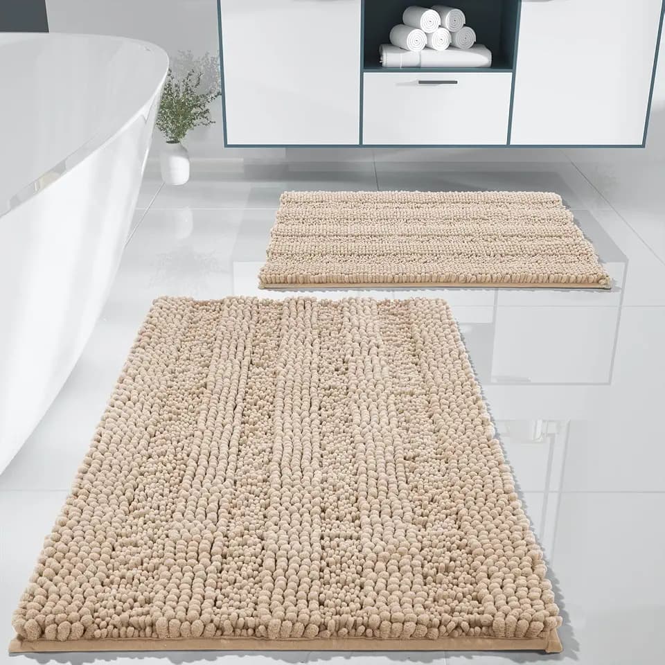 Yimobra Bathroom Rug Set 2 Piece, Absorbent Chenille, 32x20+24x17, Beige