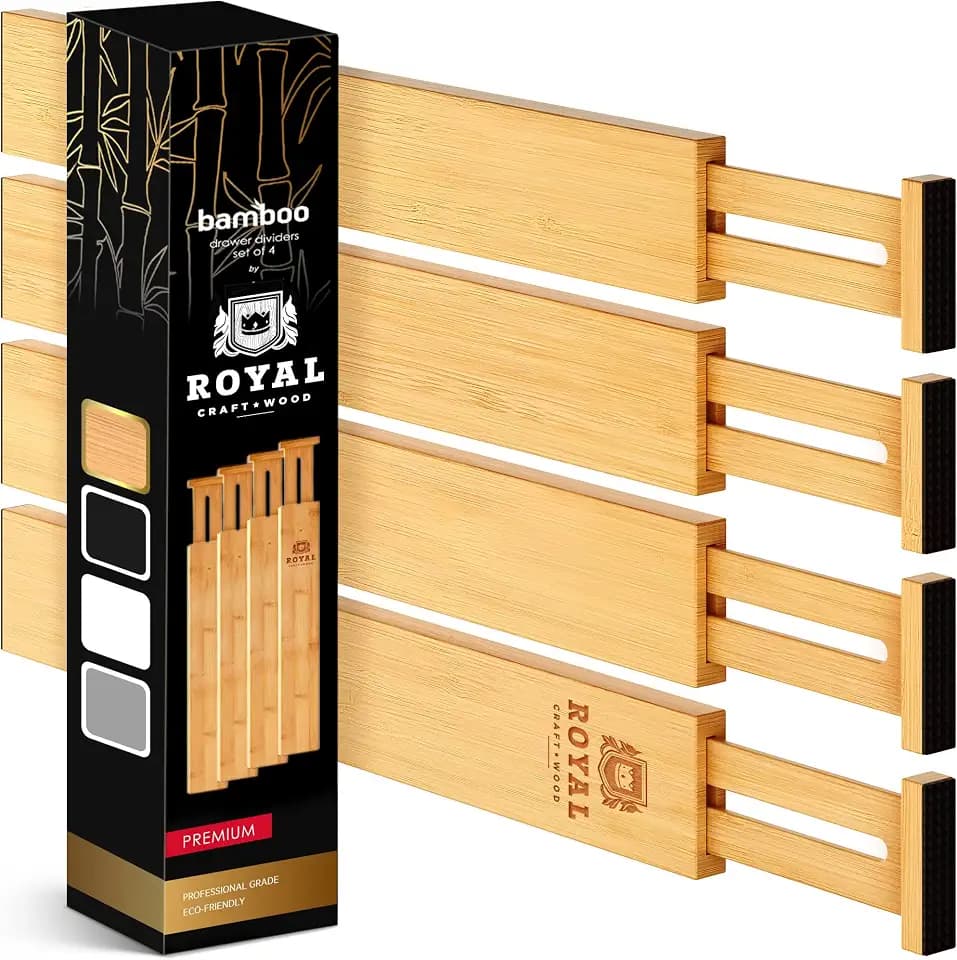ROYAL CRAFT WOOD Adjustable Bamboo Drawer Dividers Organizers - Expandable Drawer Organization Separators For Kitchen, Dresser, Bedroom, Bathroom and Office, 4-Pack (Short (up to 16")) (Natural)