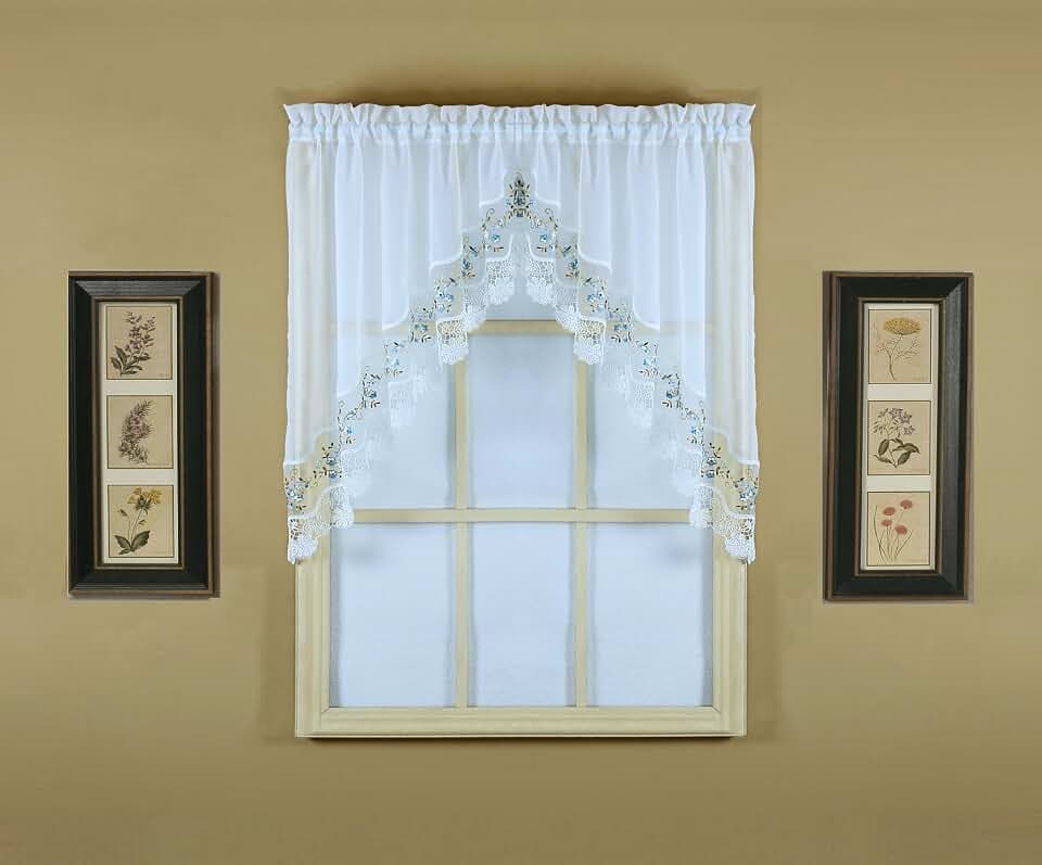 Today's Curtain, Vintage Macramé Organza Swag 38", White/Blue, 58" W x 38" L