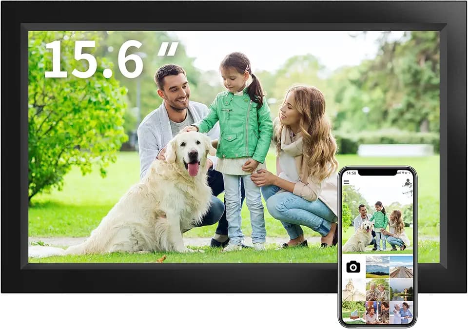 Veidoo 15,6 Zoll großer digitaler WLAN-Bilderrahmen mit 1920 x 1080 IPS-Touchscreen, eingebauter 32 GB Speicher, automatische Drehung und Wandmontage, teilen Sie Fotos und Videos